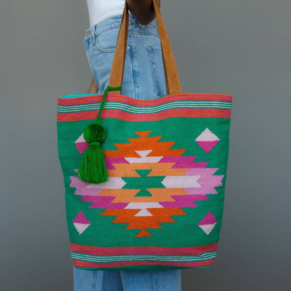 Western Woven Cotton Tote Bag Green Pink Orange